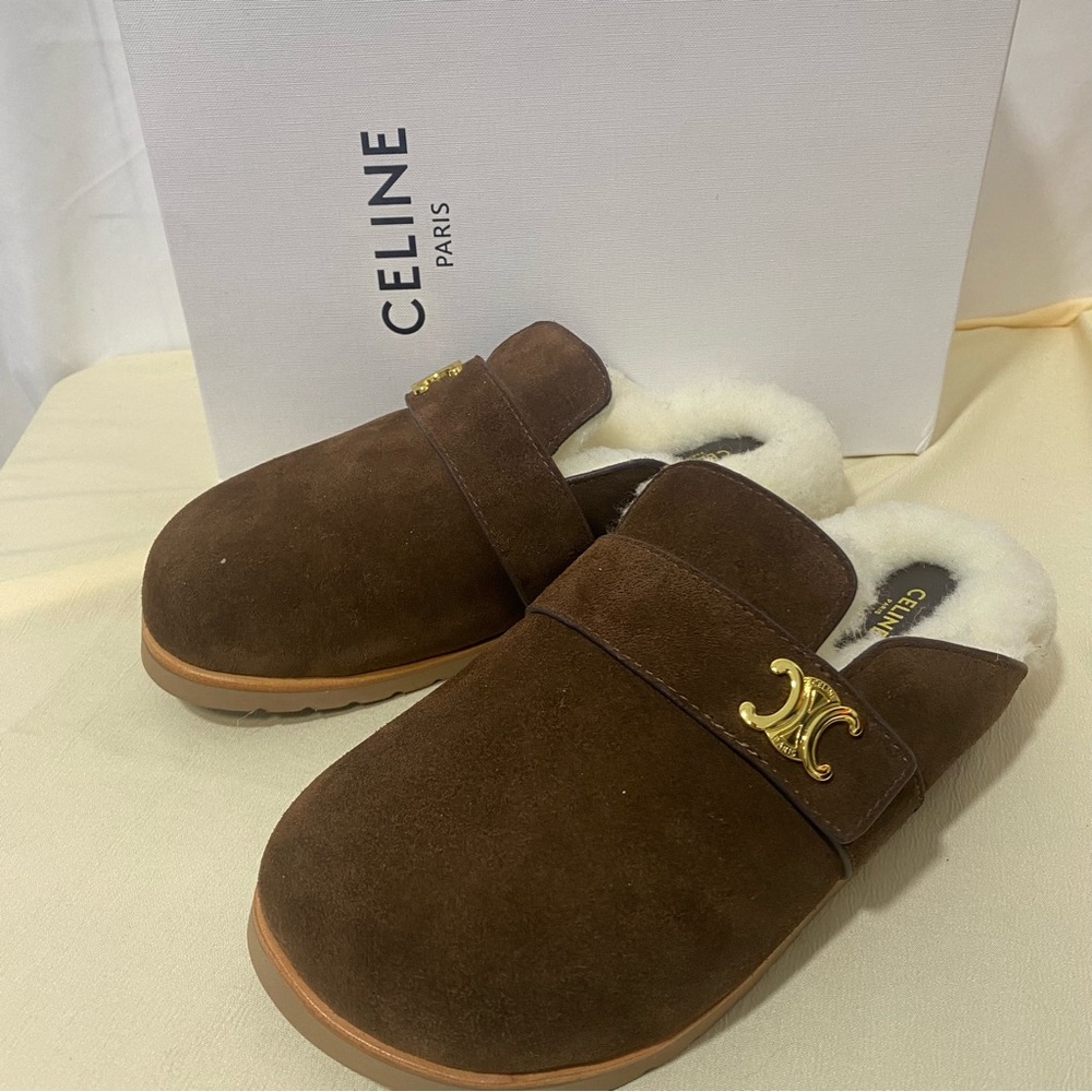 Celine Brown Suede Women's Shoes with Gold Accent - Picture 1 of 5